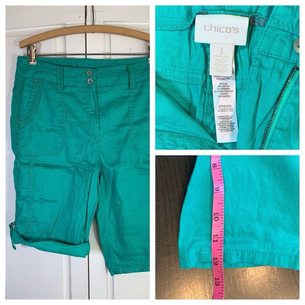Chicos 1 Linen Blend Bermuda Shorts Women's Small Kelly Green Roll Tab Hem Prep‎